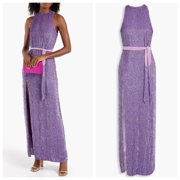 Retrofete Tzilly Violet Purple Belted Sleeveless Sequin Slit Gown